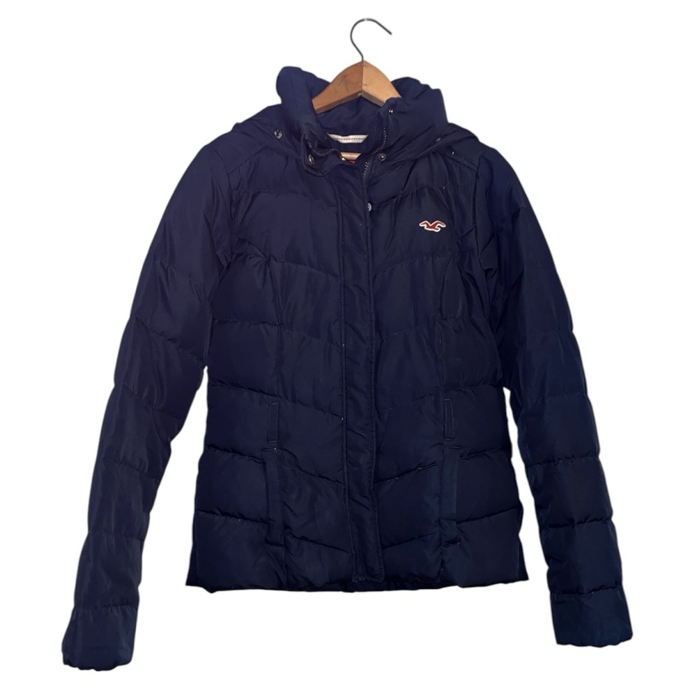 Hollister Women's Navy puffer down feather Jacket size medium outdoors Y2K